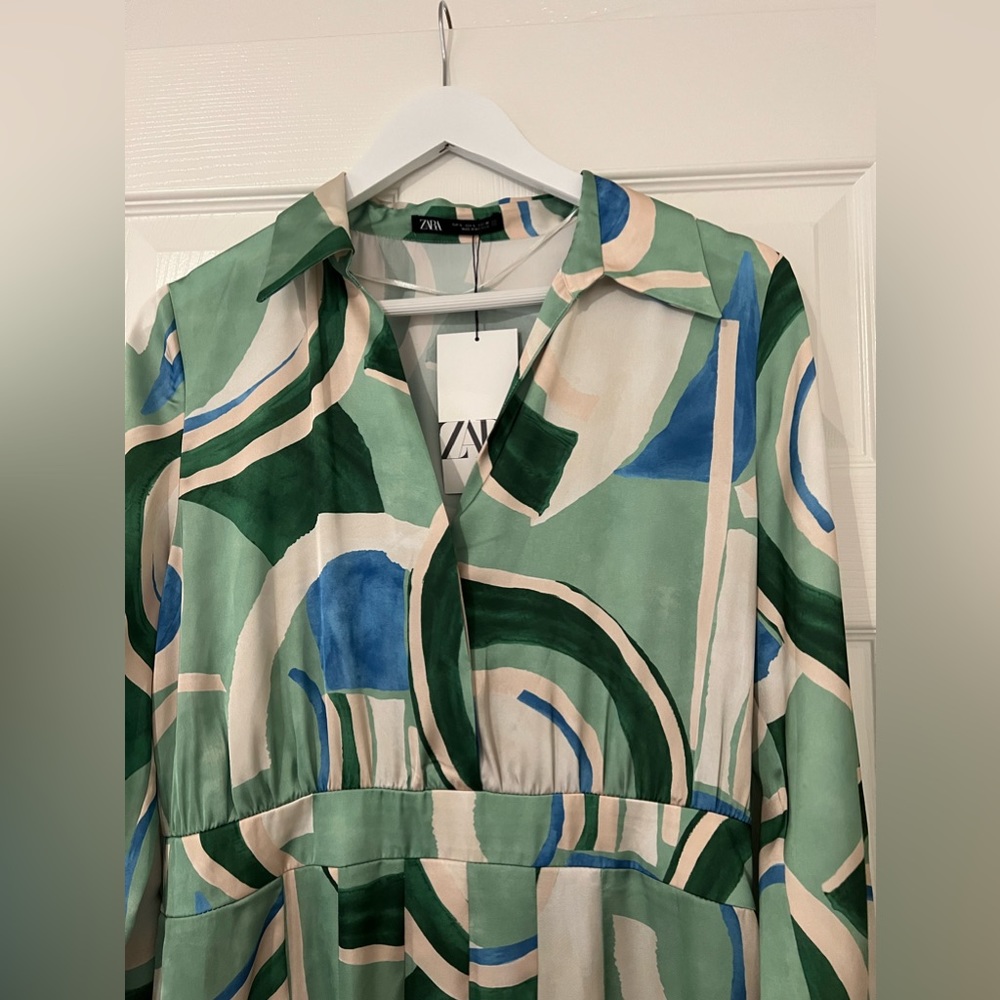 Zara Green, Blue & Cream Abstract Print Maxi Dress - Picture 2 of 5